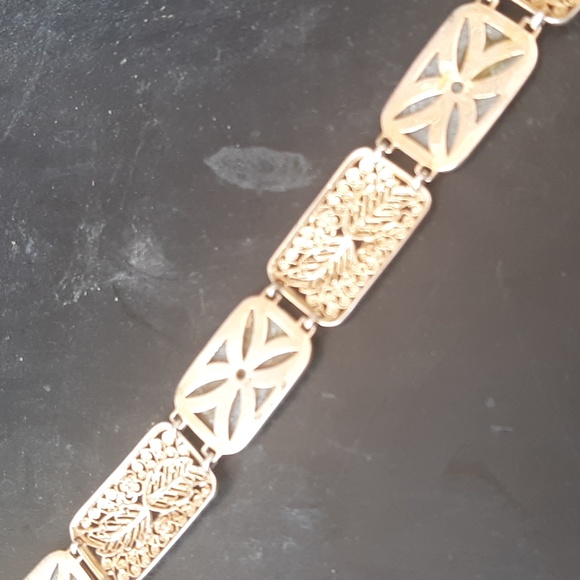 Antique Sterling Germany jade filligree bracelet - Picture 4 of 5